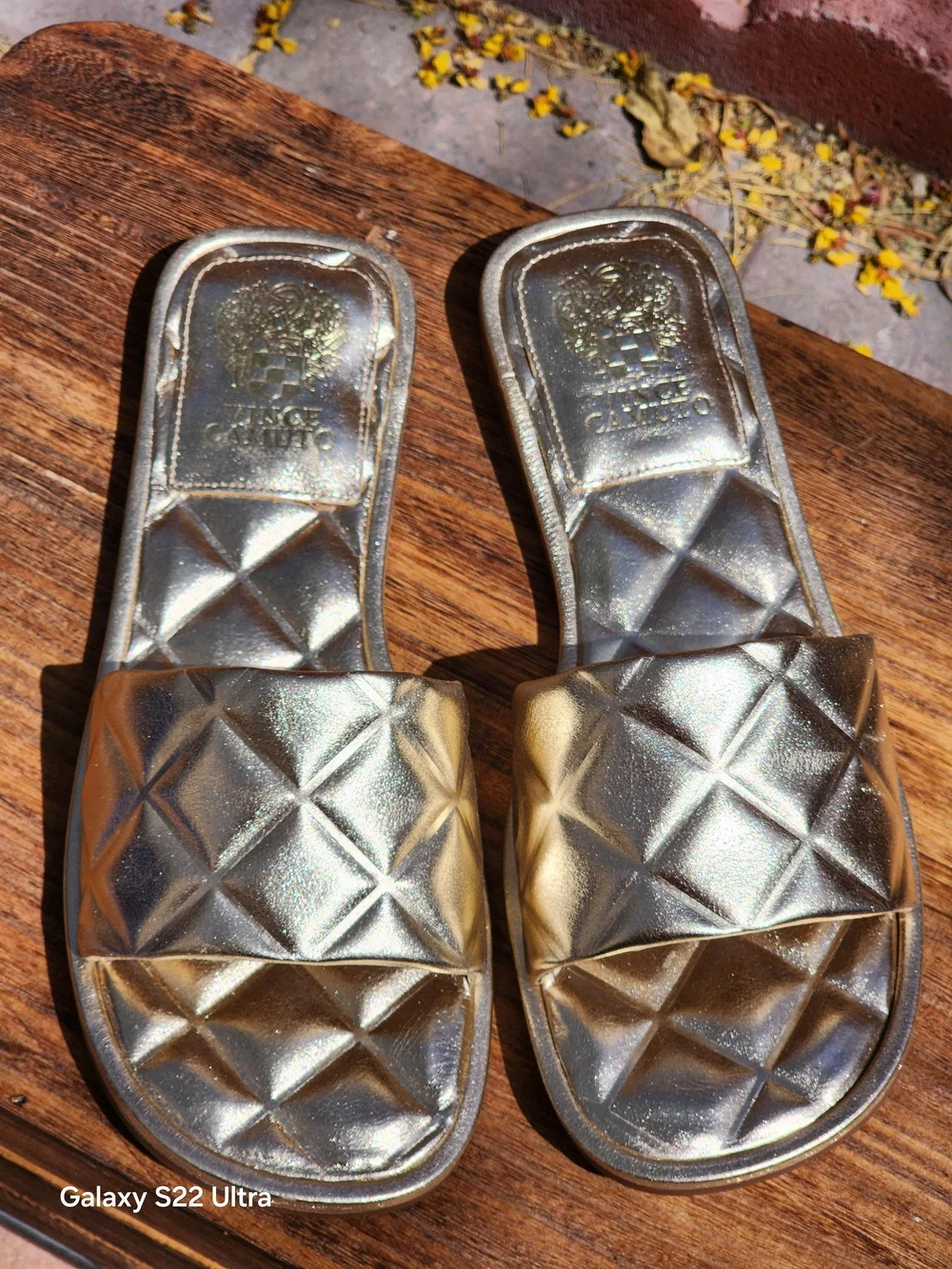 Brennda Women's Gold Leather Quilted Slide Sandal Size 8